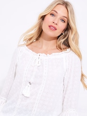 Joe Browns White Shirred Hem Broderie Top - Image 3 of 5