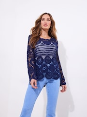 Joe Browns Blue Long Sleeve Crochet 100% Cotton Jumper - Image 1 of 5