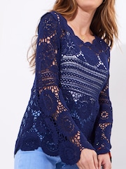 Joe Browns Blue Long Sleeve Crochet 100% Cotton Jumper - Image 4 of 5