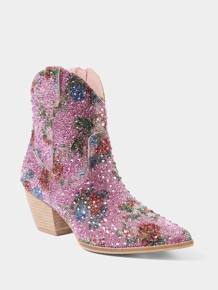 Joe Browns Pink Floral Print Diamanté Western Ankle Boots - Image 5 of 6