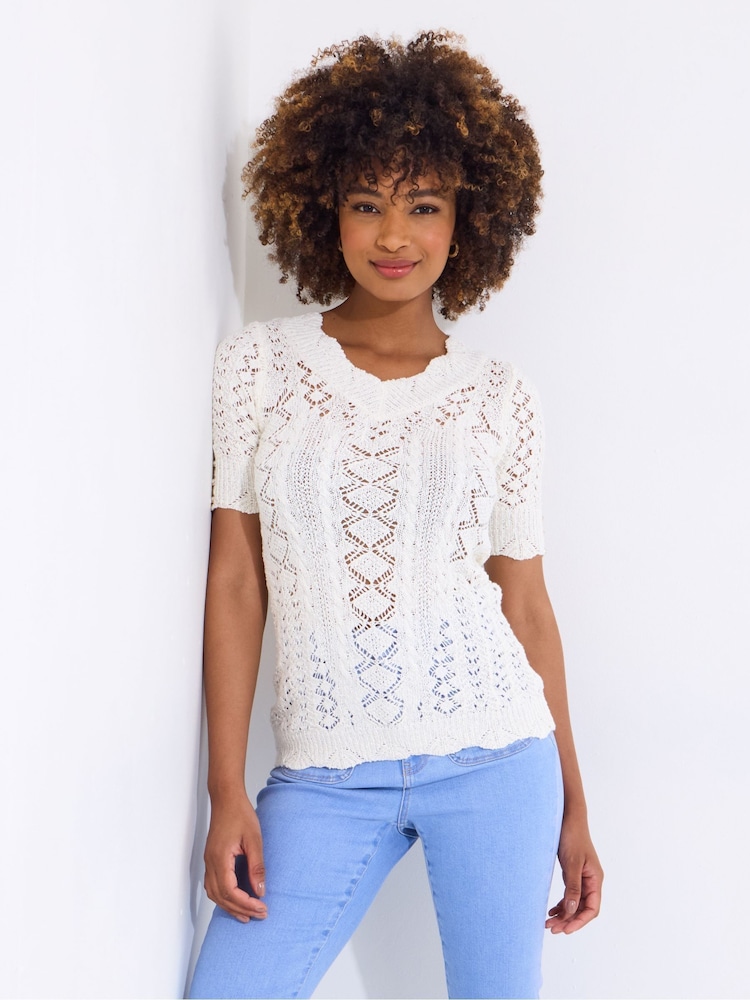 Joe Browns Cream Short Sleeve Patterned 100% Cotton Jumper - Image 1 of 5