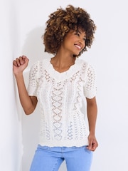 Joe Browns Cream Short Sleeve Patterned 100% Cotton Jumper - Image 2 of 5