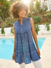 Joe Browns Blue Collared Button Front Tiered 100% Cotton Tunic - Image 2 of 7