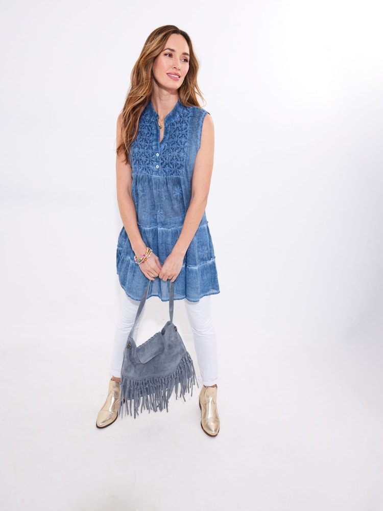 Joe Browns Blue Collared Button Front Tiered 100% Cotton Tunic - Image 5 of 7