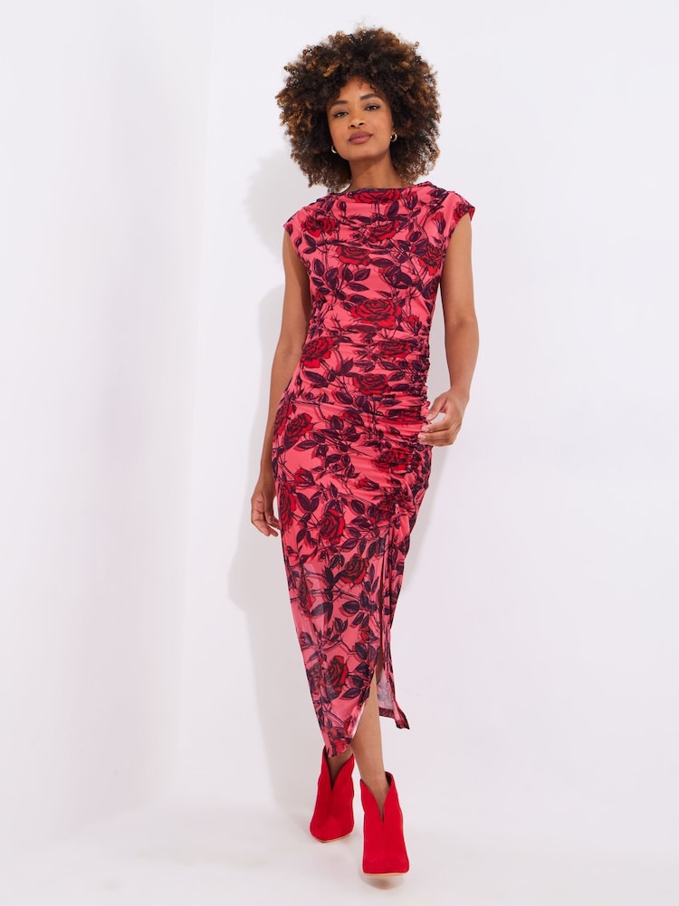 Joe Browns Pink Rouched Floral Mesh Midi Dress - Image 2 of 4