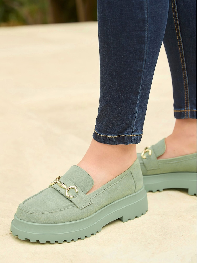 Joe Browns Green Chunky Cleated Sole Microsuede Loafers - Image 3 of 6