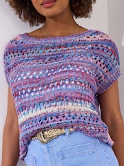 Joe Browns Blue Striped Open Knit 100% Cotton Jumper - Image 1 of 5