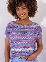 Joe Browns Blue Striped Open Knit 100% Cotton Jumper - Image 3 of 5