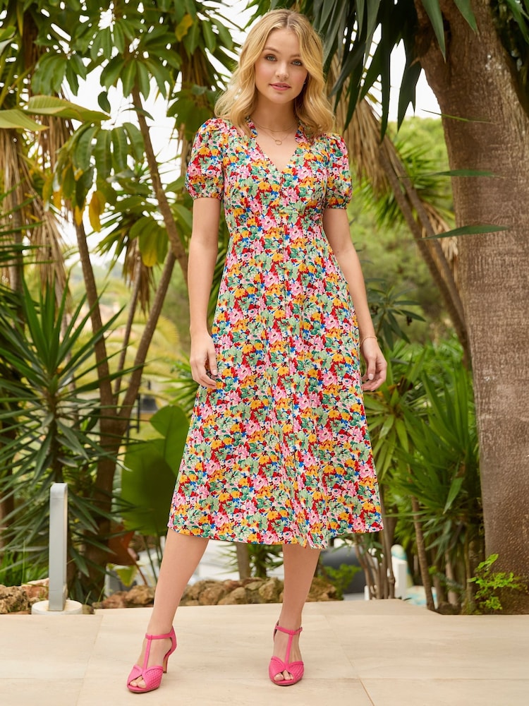 Joe Browns Yellow Frilly Floral Shirred Midi Dress - Image 1 of 7