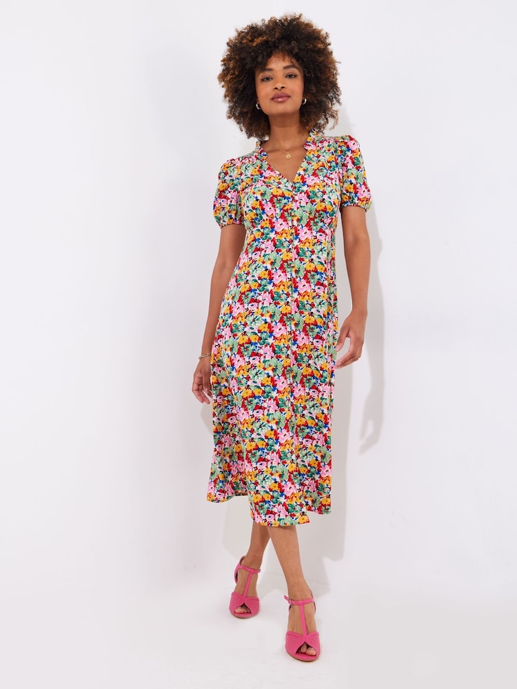 Joe Browns Yellow Frilly Floral Shirred Midi Dress - Image 2 of 7
