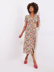 Joe Browns Yellow Frilly Floral Shirred Midi Dress - Image 3 of 7