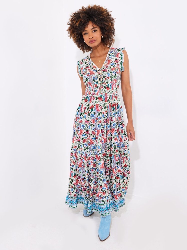 Joe Browns Cream Petite Beaded Floral Print Button Maxi Dress - Image 5 of 7