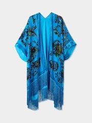 Joe Browns Blue Velvet Peacock Floral Print Fringed Kimono Cover-Up - Image 3 of 5