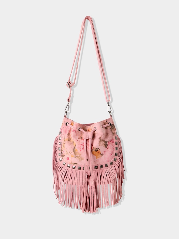 Joe Browns Pink Fringed Floral Print Suede Bag - Image 1 of 3