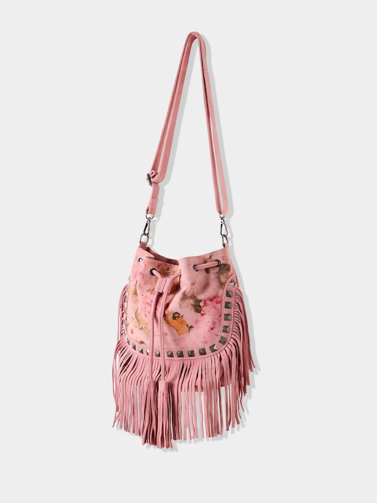 Joe Browns Pink Fringed Floral Print Suede Bag - Image 2 of 3