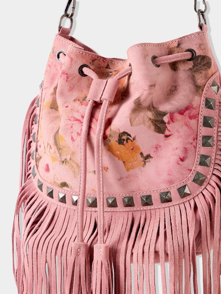 Joe Browns Pink Fringed Floral Print Suede Bag - Image 3 of 3