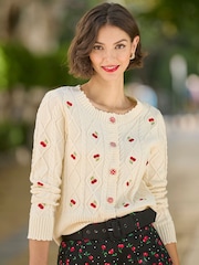 Joe Browns Cream Cherry Cable Knit 100% Cotton Cardigan - Image 1 of 8