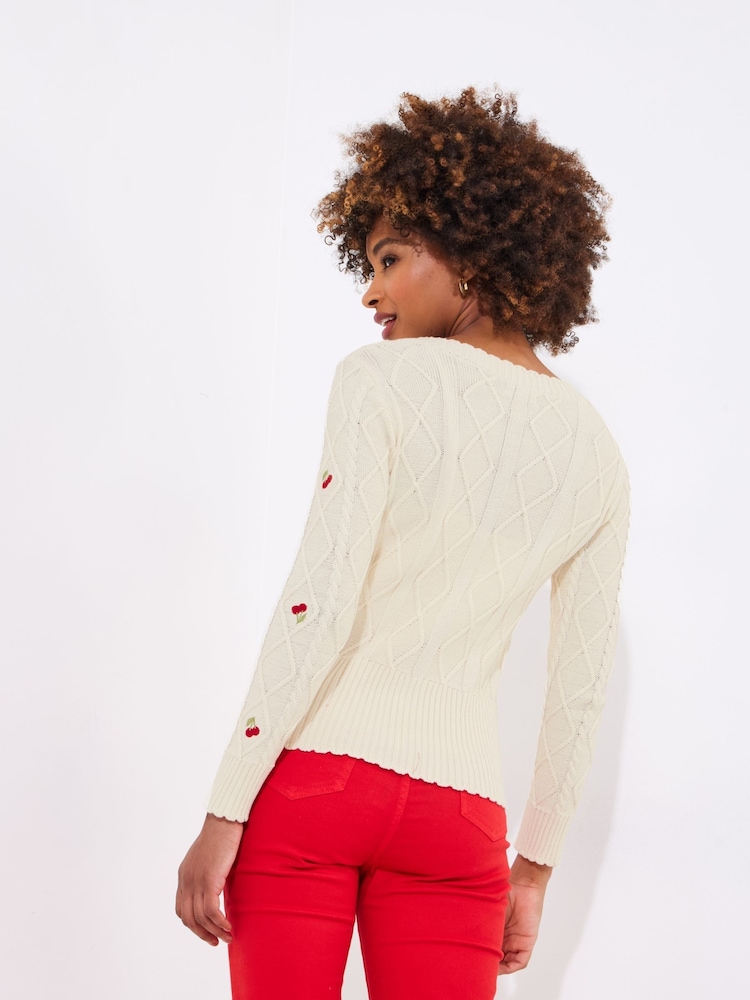 Joe Browns Cream Cherry Cable Knit 100% Cotton Cardigan - Image 5 of 8