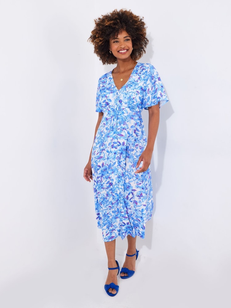 Joe Browns Blue Floral Floaty Sleeve Midi Dress - Image 1 of 5