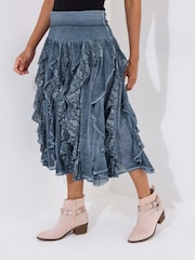 Joe Browns Blue Frilled Denim Look 100% Cotton Midi Skirt - Image 2 of 7