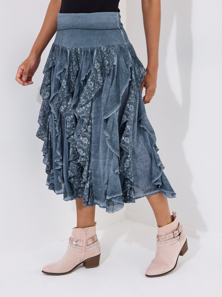 Joe Browns Blue Frilled Denim Look 100% Cotton Midi Skirt - Image 2 of 7