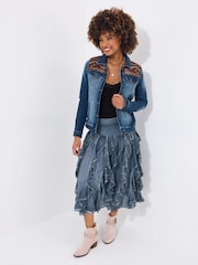 Joe Browns Blue Frilled Denim Look 100% Cotton Midi Skirt - Image 3 of 7