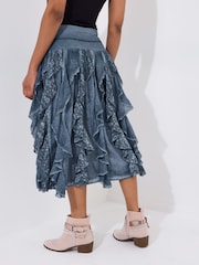 Joe Browns Blue Frilled Denim Look 100% Cotton Midi Skirt - Image 4 of 7