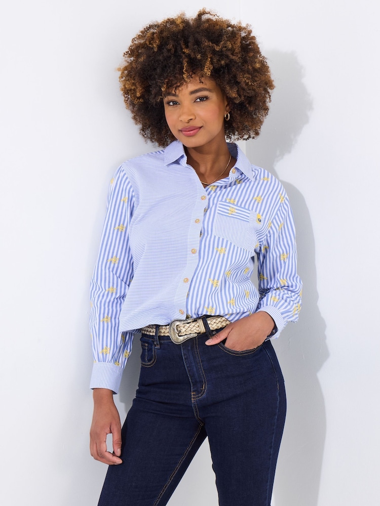 Joe Browns Blue Daisy Embroidered Stripe 100% Cotton Shirt - Image 1 of 5