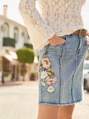 Joe Browns Blue Floral Print Embroidered Denim Skirt - Image 1 of 7