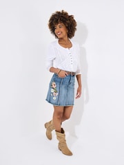 Joe Browns Blue Floral Print Embroidered Denim Skirt - Image 4 of 7