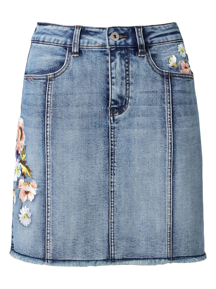 Joe Browns Blue Floral Print Embroidered Denim Skirt - Image 7 of 7