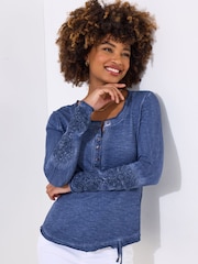 Joe Browns Blue Crochet Patch Henley 100% Cotton Top - Image 1 of 5