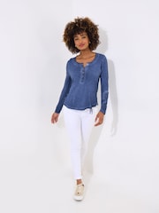 Joe Browns Blue Crochet Patch Henley 100% Cotton Top - Image 2 of 5