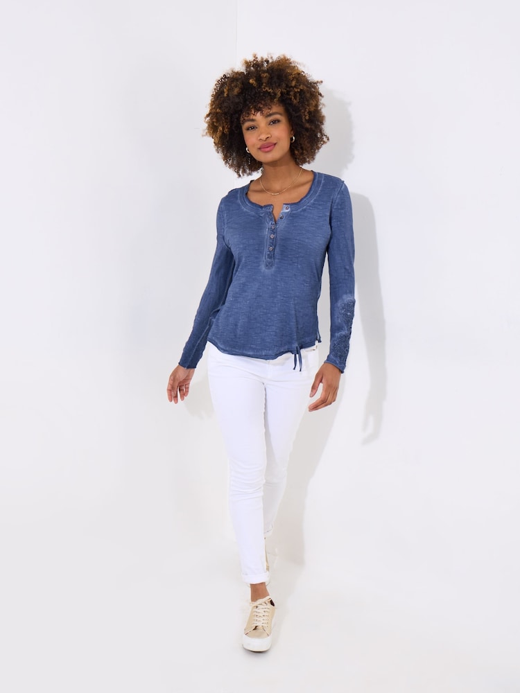 Joe Browns Blue Crochet Patch Henley 100% Cotton Top - Image 2 of 5