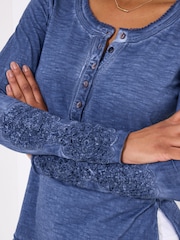 Joe Browns Blue Crochet Patch Henley 100% Cotton Top - Image 3 of 5