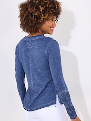 Joe Browns Blue Crochet Patch Henley 100% Cotton Top - Image 4 of 5