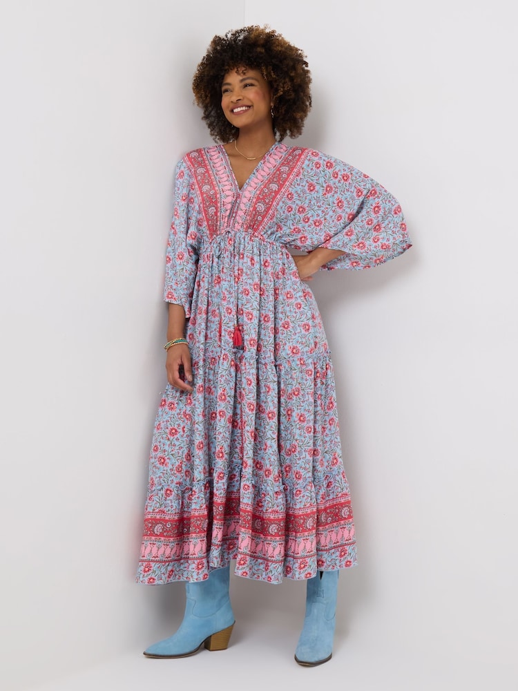 Joe Browns Blue Floral Print Tiered Kimono Maxi Dress - Image 1 of 5