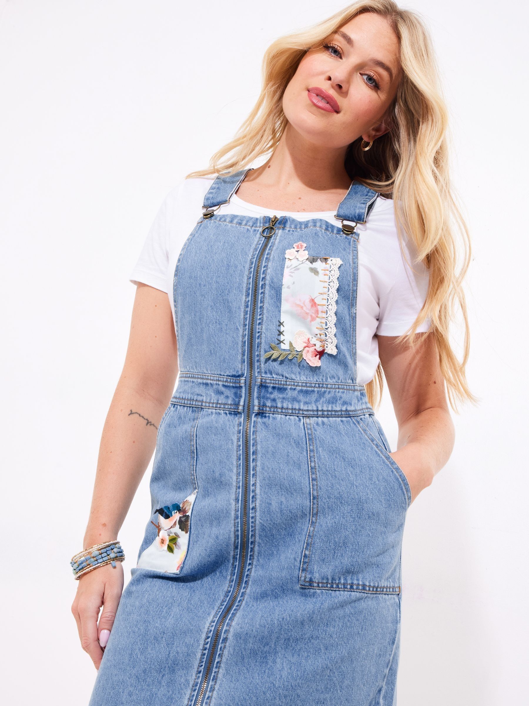 Buy Joe Browns Blue Floral Print Zip Front Denim Pinafore 100