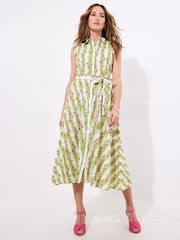 Joe Browns Green Stripe Rose Tie Waist 100% Cotton Dress - Image 1 of 6