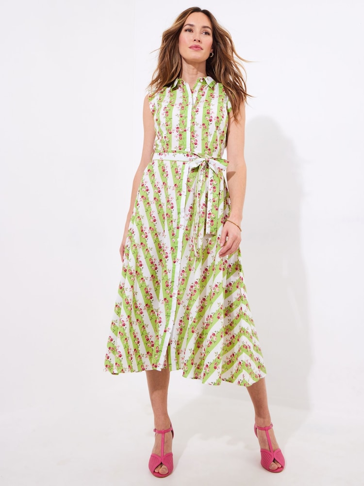 Joe Browns Green Stripe Rose Tie Waist 100% Cotton Dress - Image 1 of 6