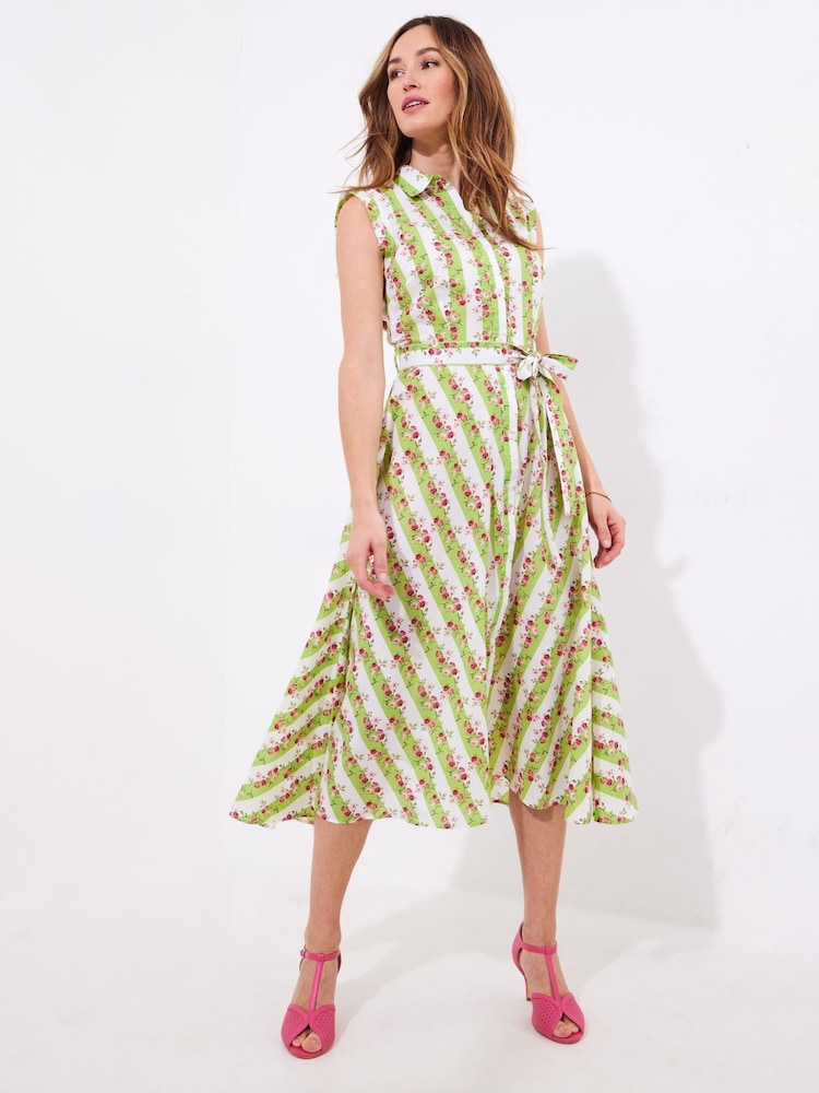 Joe Browns Green Stripe Rose Tie Waist 100% Cotton Dress - Image 2 of 6