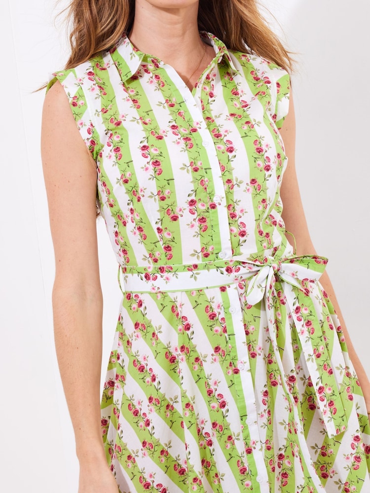 Joe Browns Green Stripe Rose Tie Waist 100% Cotton Dress - Image 3 of 6