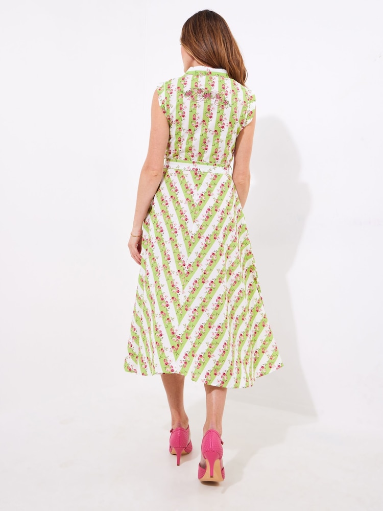 Joe Browns Green Stripe Rose Tie Waist 100% Cotton Dress - Image 4 of 6