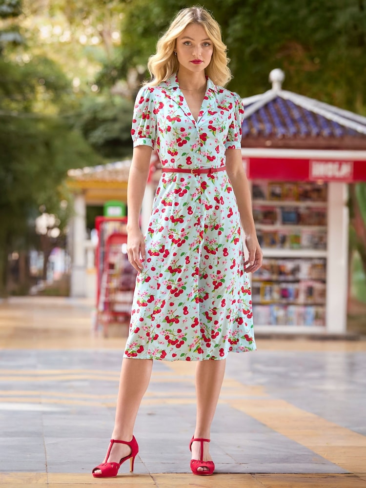 Joe Browns Blue Cherry Collared Belted Midi Dress - Image 1 of 7