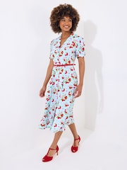 Joe Browns Blue Cherry Collared Belted Midi Dress - Image 3 of 7