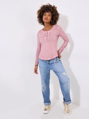 Joe Browns Pink Crochet Patch Henley 100% Cotton Top - Image 2 of 5