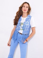 Joe Browns Blue Open Knit Crochet 100% Cotton Waistcoat - Image 2 of 7
