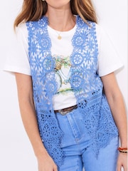 Joe Browns Blue Open Knit Crochet 100% Cotton Waistcoat - Image 5 of 7