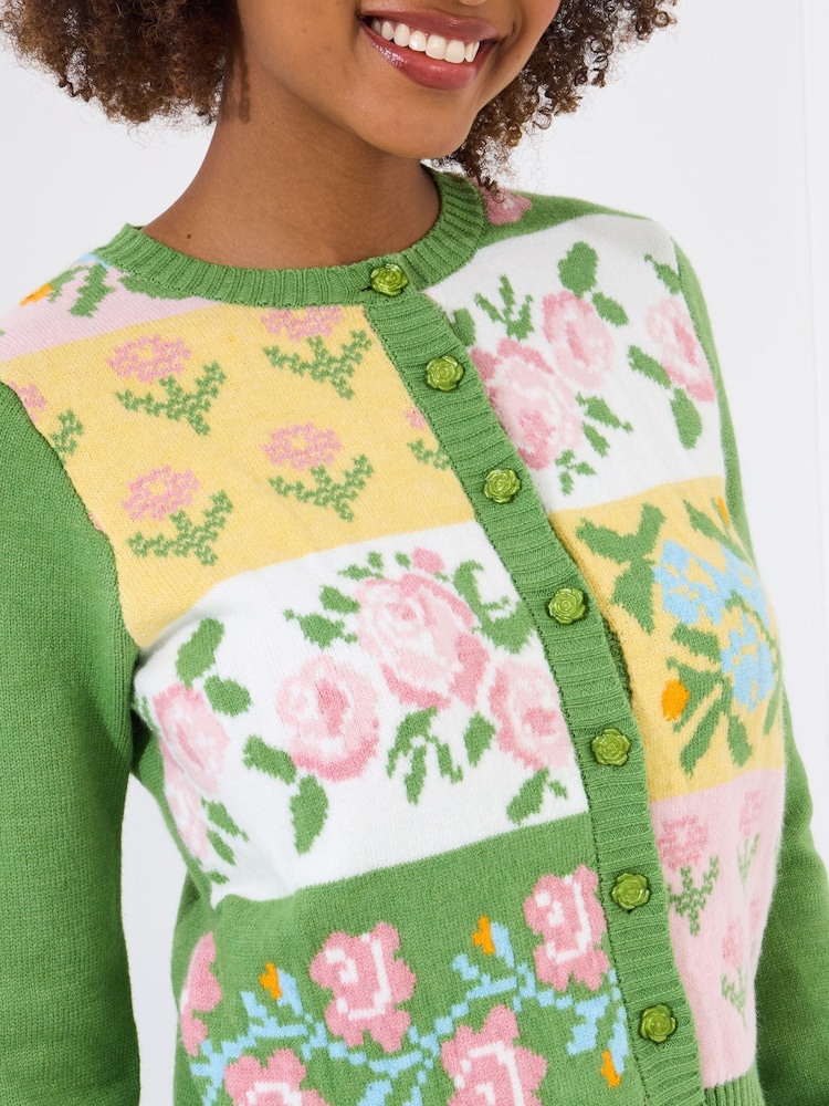 Joe Browns Green Floral Print Patchwork Cardigan - Image 1 of 5