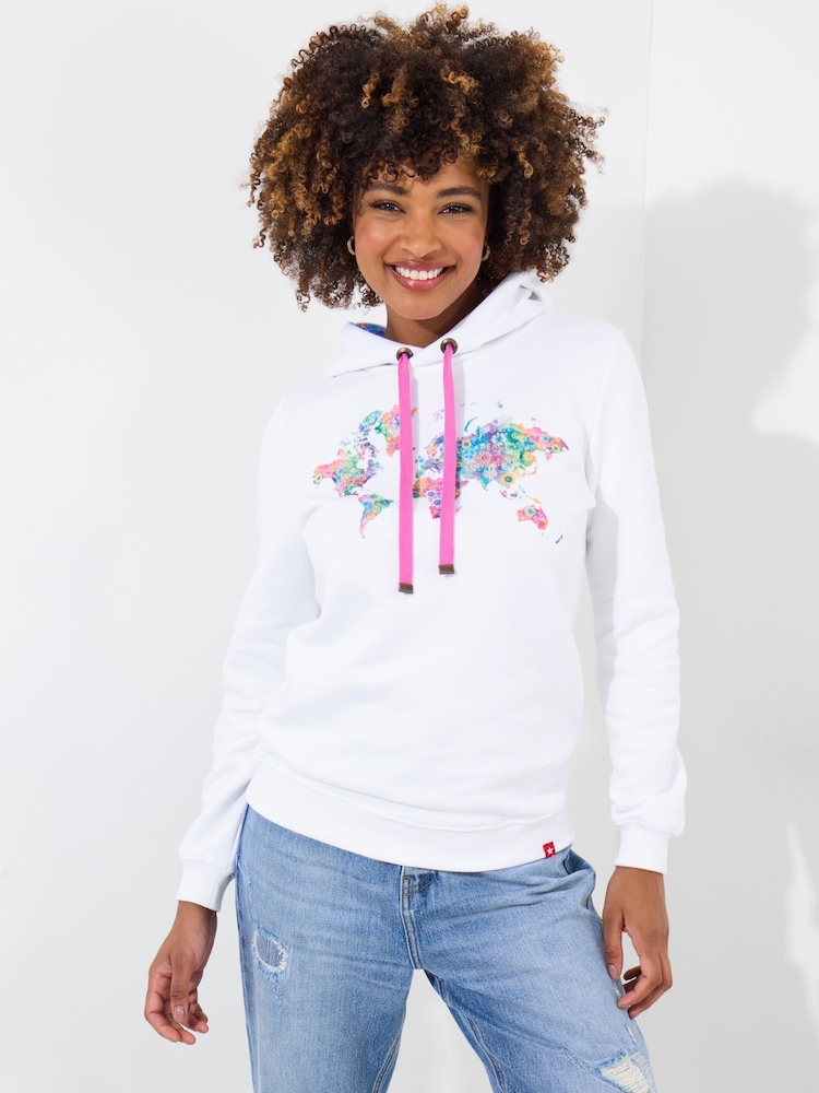 Joe Browns White World Map Graphic 100% Cotton Hoodie - Image 1 of 5